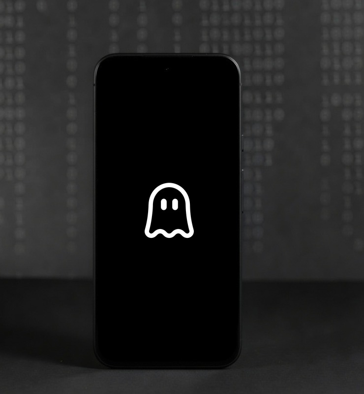Ghost Mobile 10 Series in black, GrapheneOS lock screen showing the Ghost Mobile logo