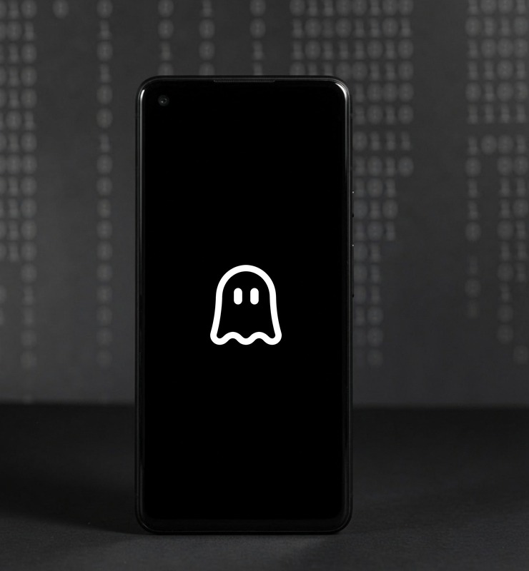 Ghost Mobile 6a in black, GrapheneOS lock screen showing the Ghost Mobile logo