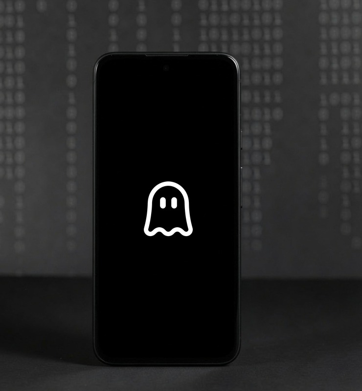 Ghost Mobile 9 Series in black, GrapheneOS lock screen showing the Ghost Mobile logo